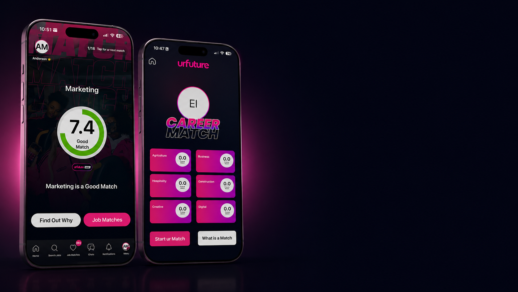 urfuture career match app shown on two phones